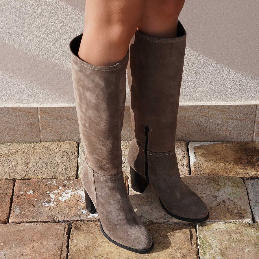 Autumn Winter Patty Shoes | Women'S High Boots In Suede With Side Zip In Taupe Color