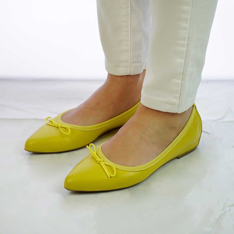 Spring Summer Patty Shoes | Pointed Yellow Genuine Leather Ballet Flats