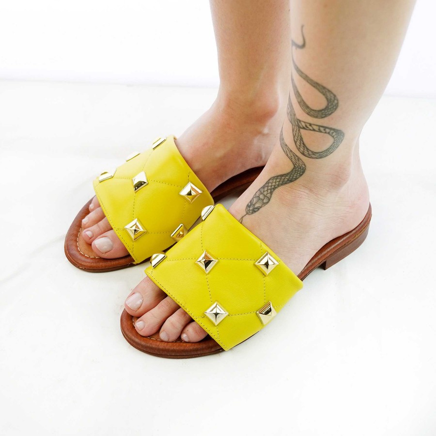 Spring Summer Patty Shoes | Real Leather Slippers With Yellow Applications