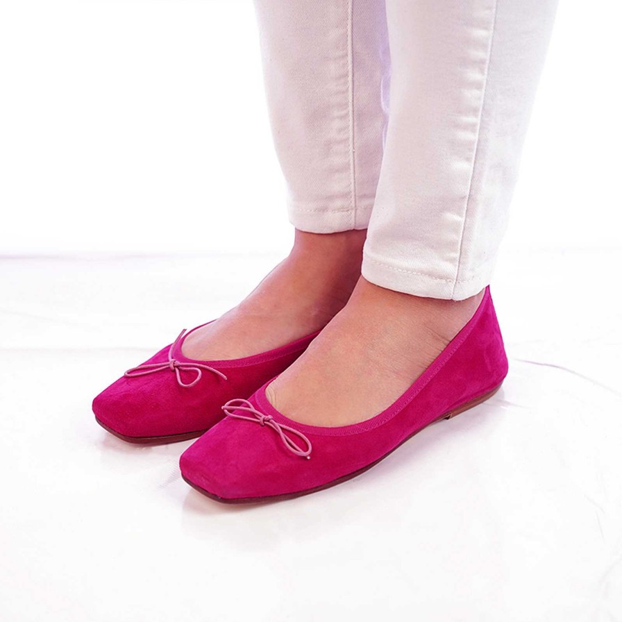 Spring Summer Patty Shoes | Handcrafted Square Toe Ballet Flats In Fuchsia Colored Suede