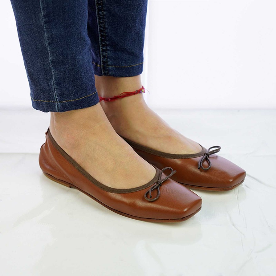 Spring Summer Patty Shoes | Handcrafted Square Toe Ballet Flats In Genuine Leather, Tan Colour