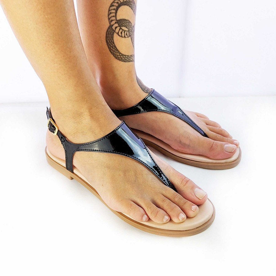 Spring Summer Patty Shoes | Mirror Black Flip Flops With Ankle Strap