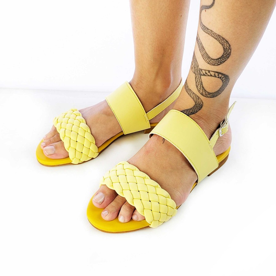 Spring Summer Patty Shoes | Nappa Sandals With Woven Band And Yellow Ankle Strap