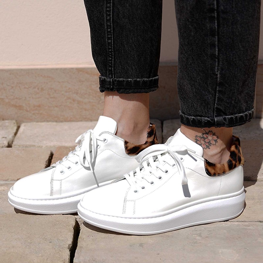 Spring Summer Patty Shoes | Women'S Sneakers In White Genuine Leather With Spotted Pony Skin Heel