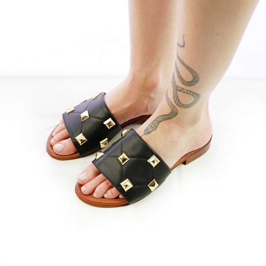 Spring Summer Patty Shoes | Real Leather Slippers With Black Applications