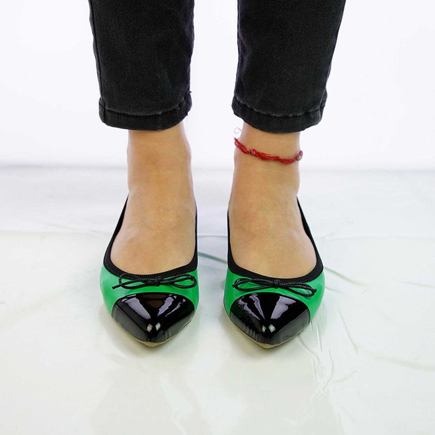 Spring Summer Patty Shoes | Green Genuine Leather Ballet Flats With Black Toe