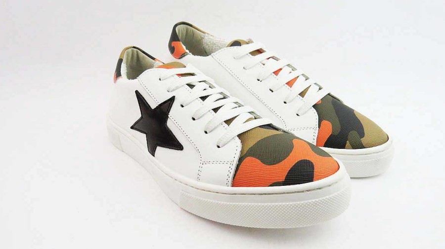 Spring Summer Patty Shoes | White Sneakers With Black Camouflage Orange Star