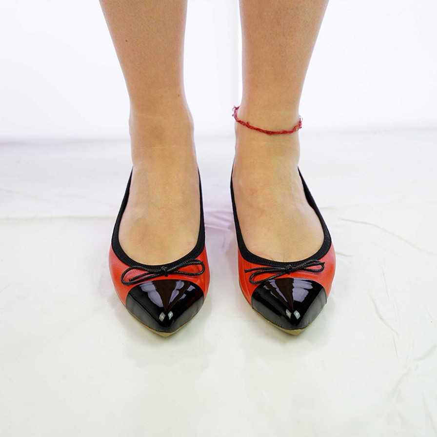 Spring Summer Patty Shoes | Coral Colored Genuine Leather Ballet Flats With Black Toe