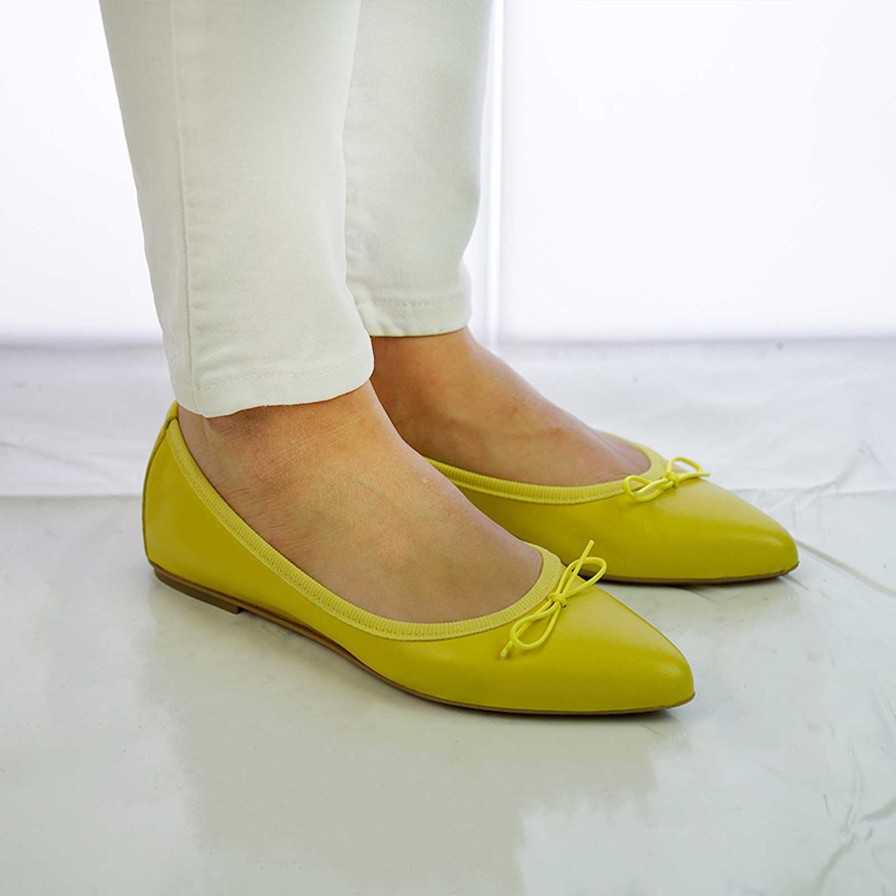 Spring Summer Patty Shoes | Pointed Yellow Genuine Leather Ballet Flats