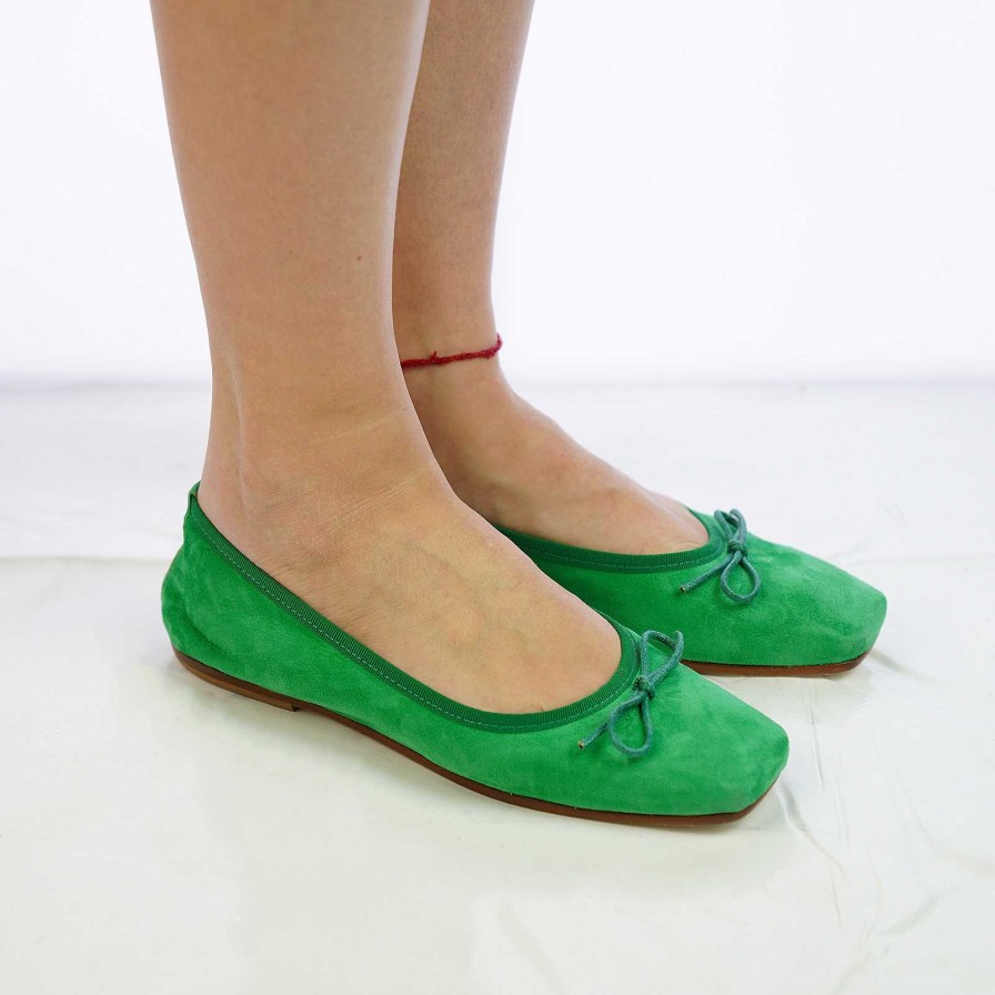 Spring Summer Patty Shoes | Handmade Square Toe Ballet Flats In Green Suede