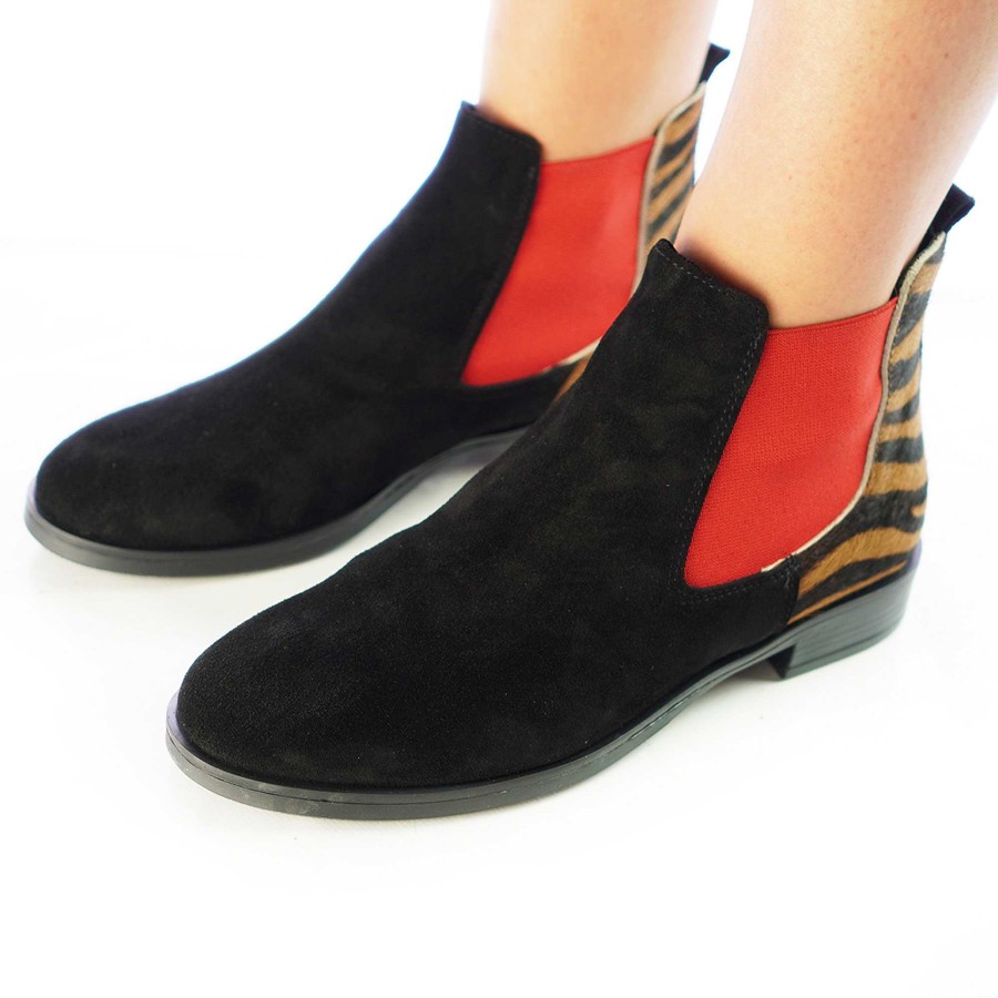 Autumn Winter Patty Shoes | Beatles Women'S Ankle Boots In Black Pony Suede And Red Elastic