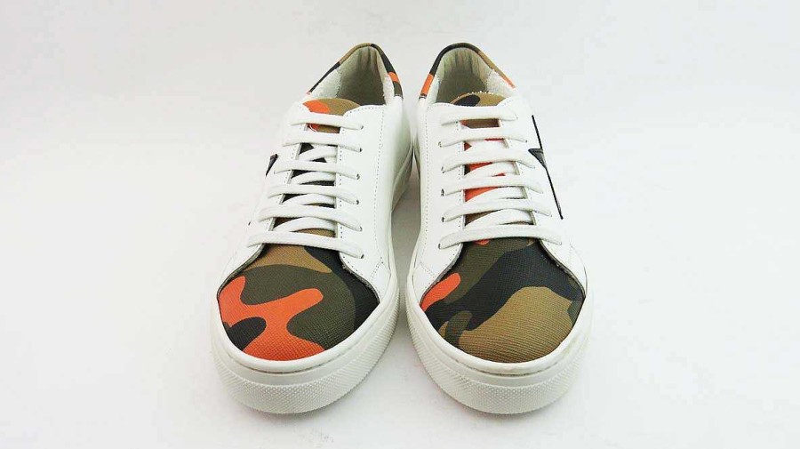 Spring Summer Patty Shoes | White Sneakers With Black Camouflage Orange Star