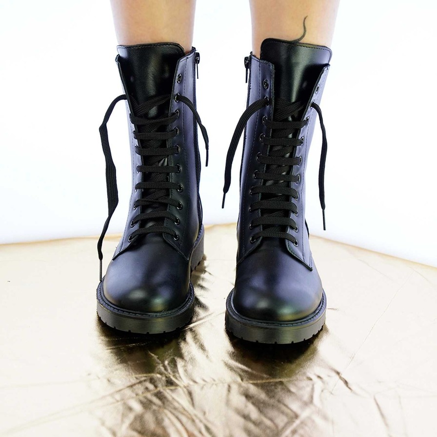 Autumn Winter Patty Shoes | Women'S Black Leather Combat Boots With 10 Eyelet Side Zip