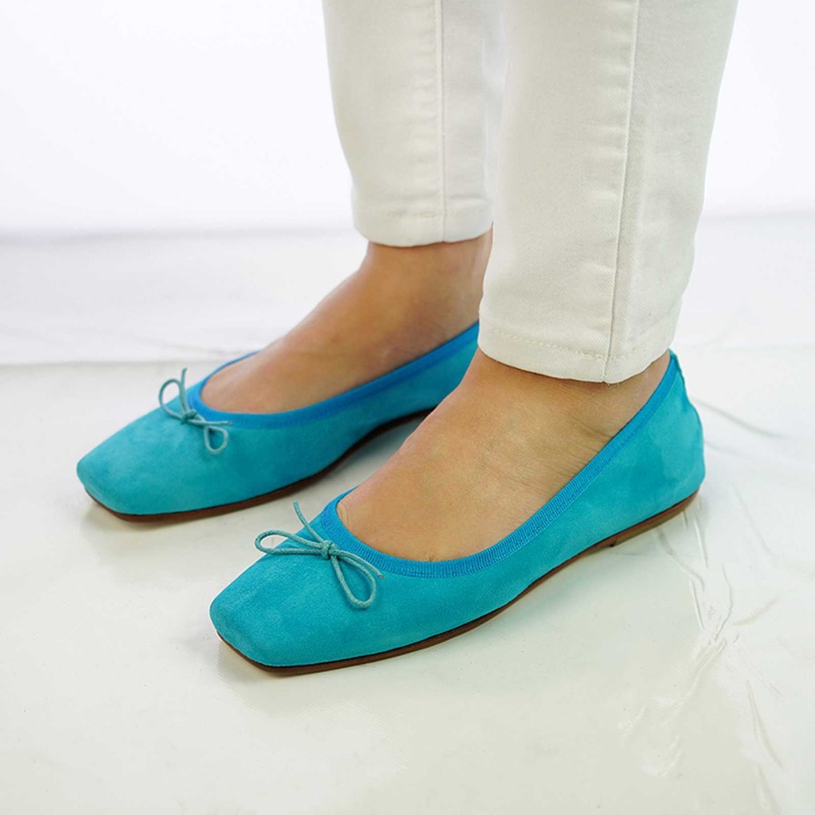 Spring Summer Patty Shoes | Handmade Square Toe Ballet Flats In Turquoise Suede