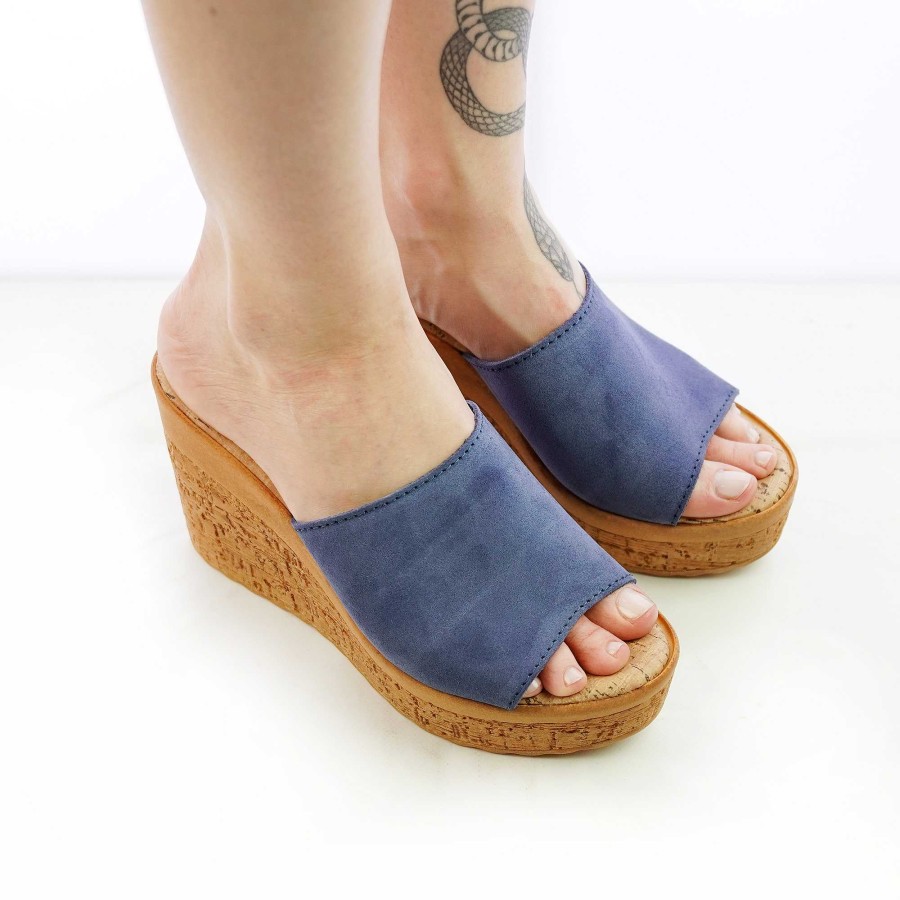 Spring Summer Patty Shoes | Leather Slippers With Denim-Coloured Wedge