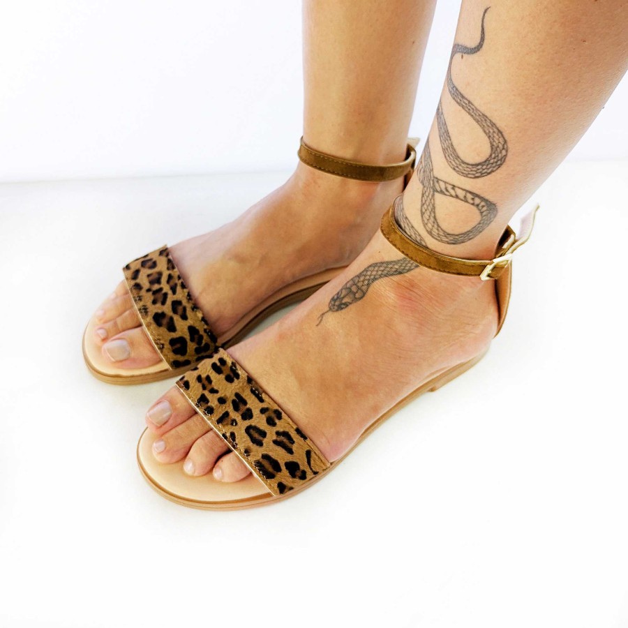 Spring Summer Patty Shoes | Flat Sandals With Band And Ankle Strap In Dark Spotted Pony Skin And Leather Suede