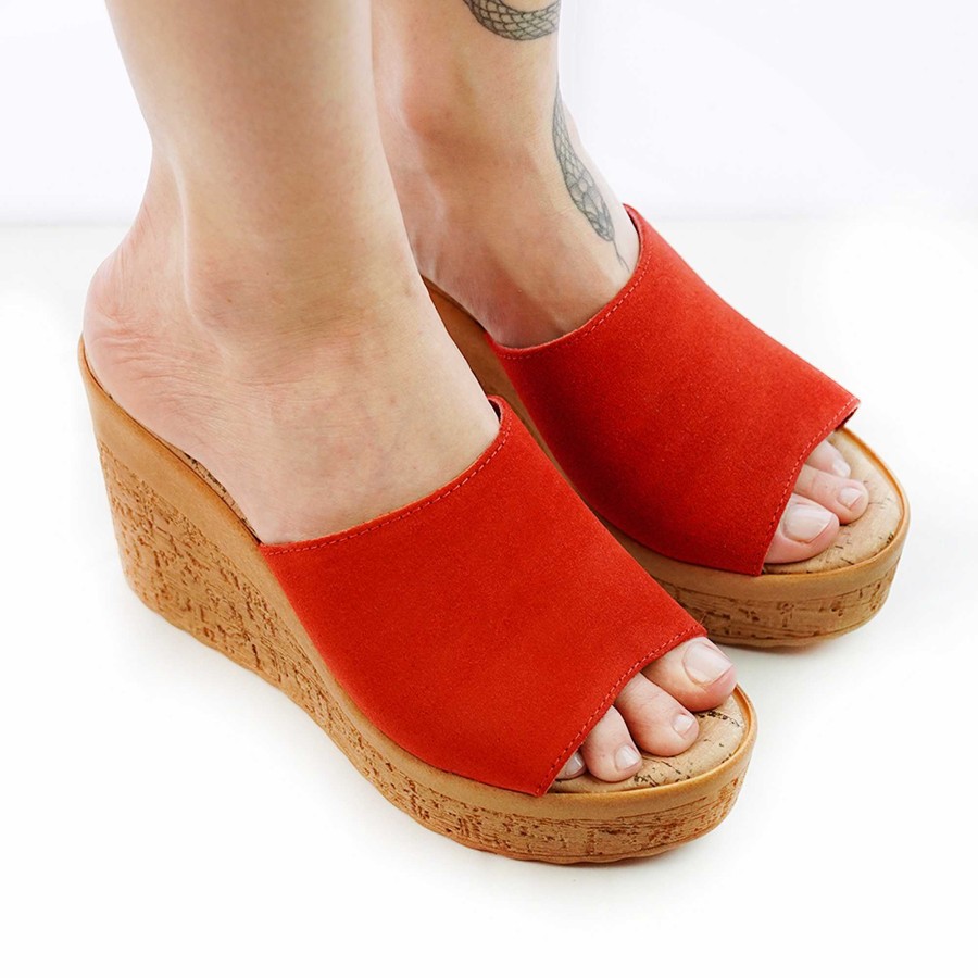 Spring Summer Patty Shoes | Red Leather Wedge Slippers