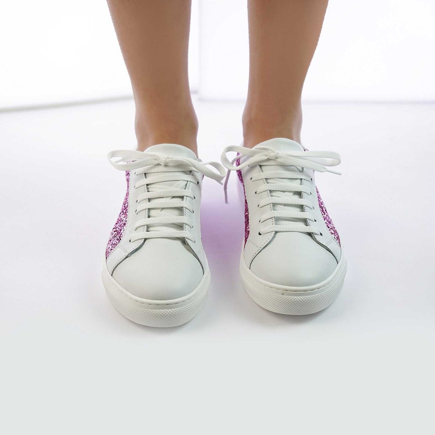 Spring Summer Patty Shoes | Women'S Sneakers In White Genuine Leather With Pink Glitter Insert