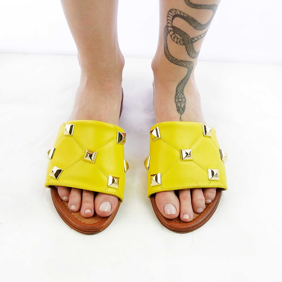 Spring Summer Patty Shoes | Real Leather Slippers With Yellow Applications