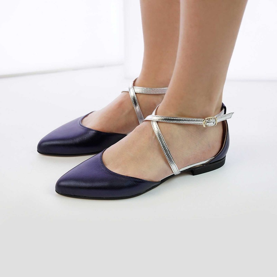 Spring Summer Patty Shoes | Pointed Toe Ballerinas In Blue Genuine Leather With Silver Laminated Ankle Strap