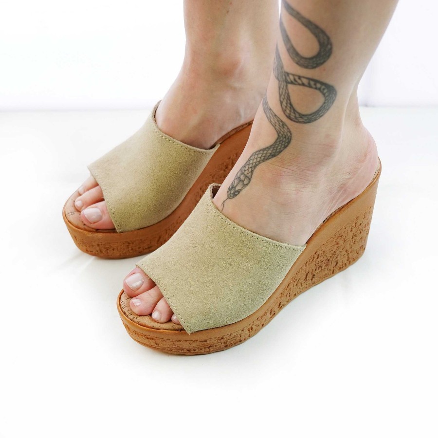 Spring Summer Patty Shoes | Sand Colored Leather Wedge Slippers