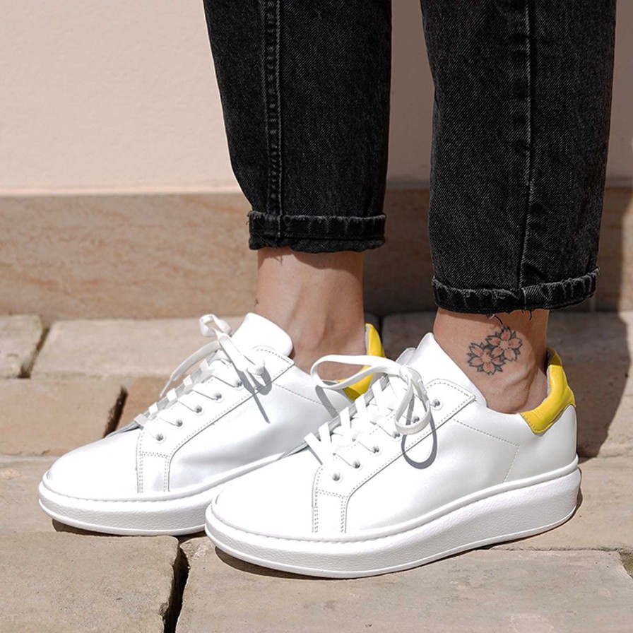 Spring Summer Patty Shoes | Women'S Sneakers In White Genuine Leather With Yellow Heel Tab