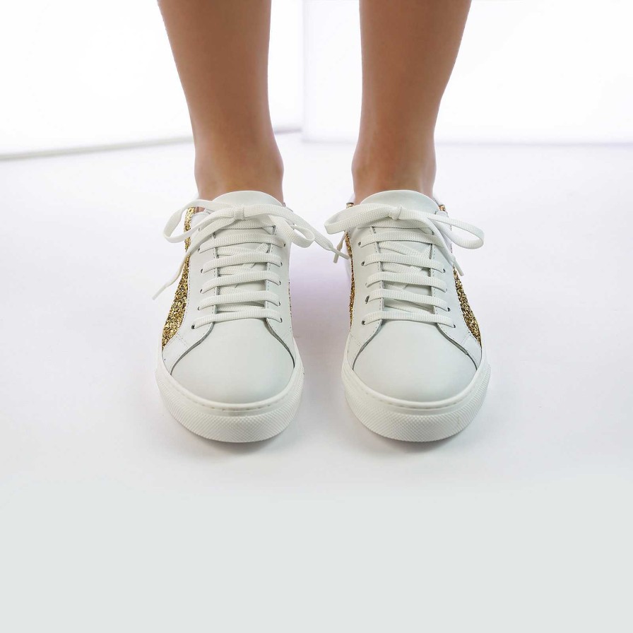 Spring Summer Patty Shoes | Women'S Sneakers In White Genuine Leather With Gold Glitter Insert