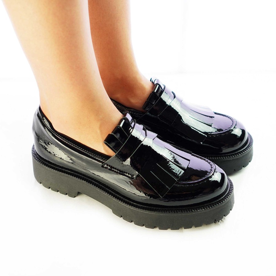 Autumn Winter Patty Shoes | Women'S Moccasins With Fringes In Real Black Naplack Leather