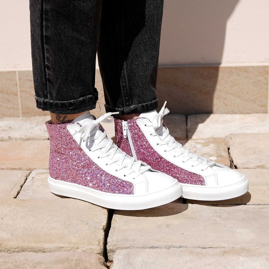 Spring Summer Patty Shoes | Women'S Sneakers In Genuine Leather With Pink Glitter Side Zip