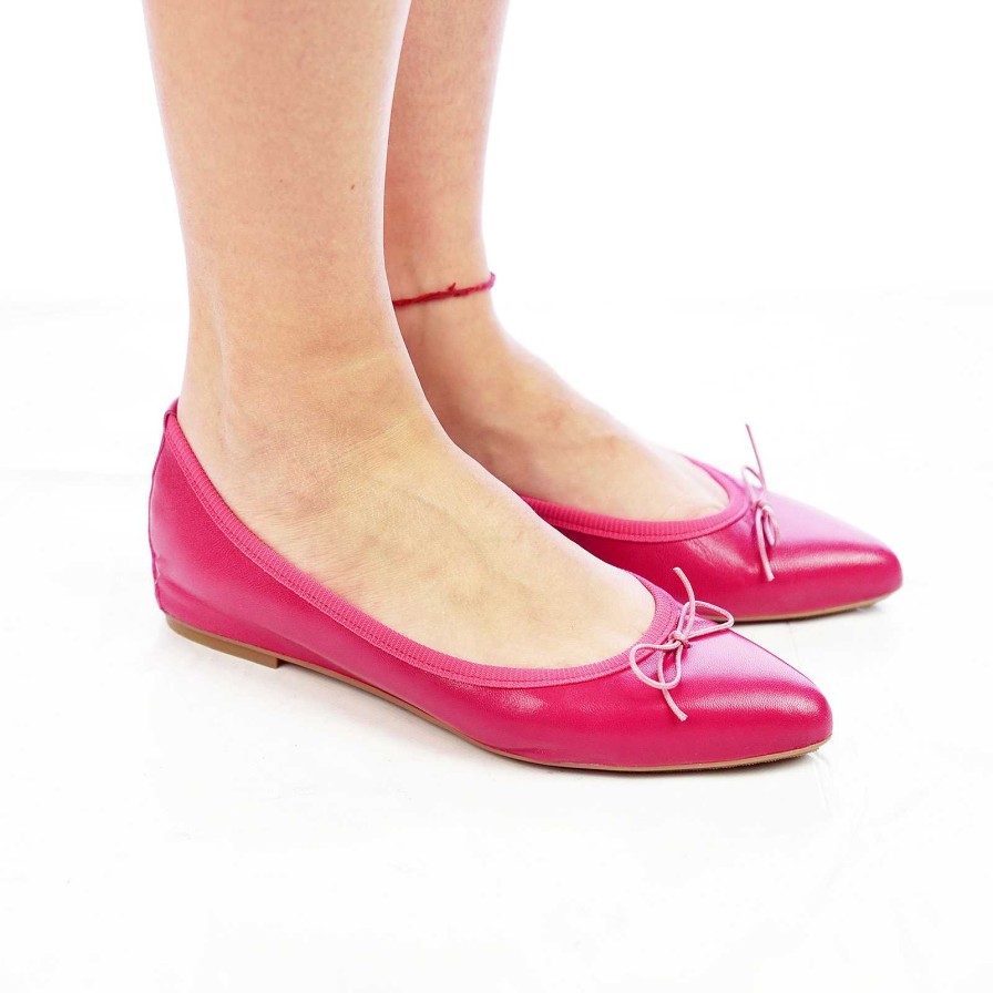 Spring Summer Patty Shoes | Pointed Toe Genuine Leather Fuchsia Ballet Flats