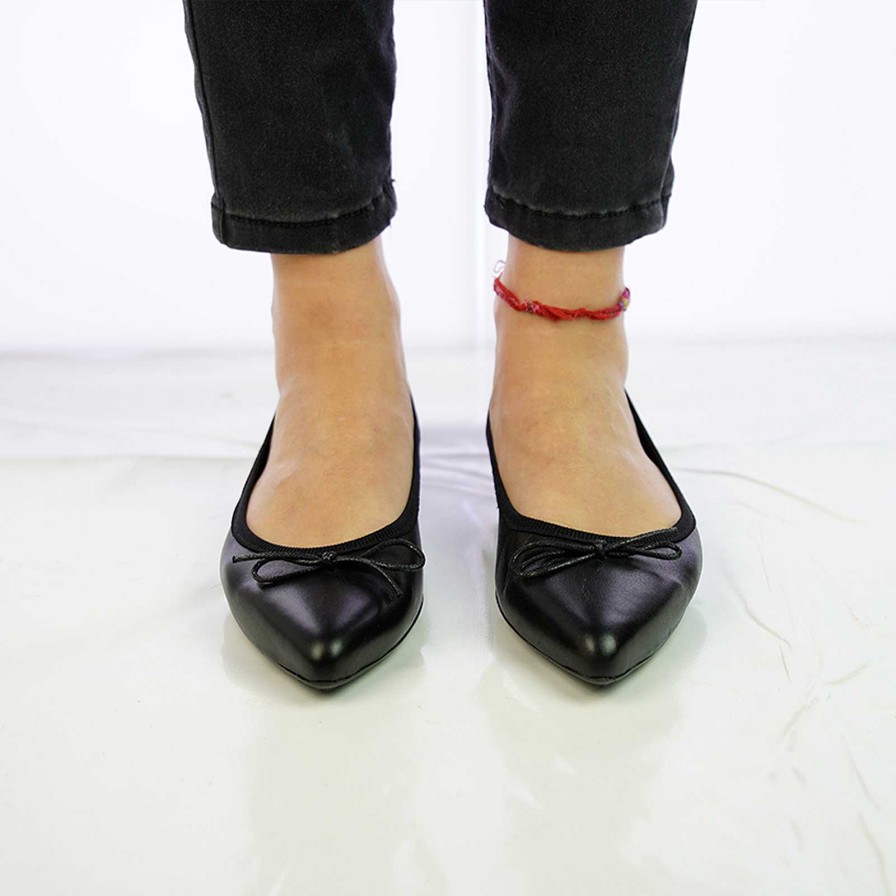 Spring Summer Patty Shoes | Black Genuine Leather Pointed Toe Ballet Flats