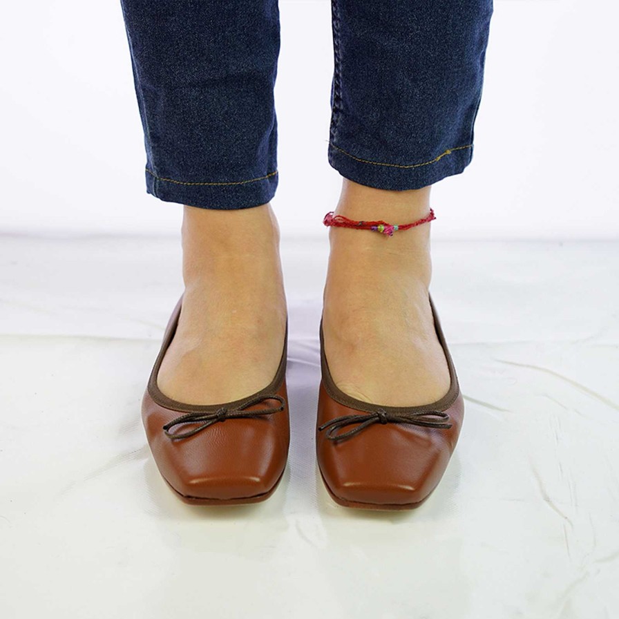 Spring Summer Patty Shoes | Handcrafted Square Toe Ballet Flats In Genuine Leather, Tan Colour