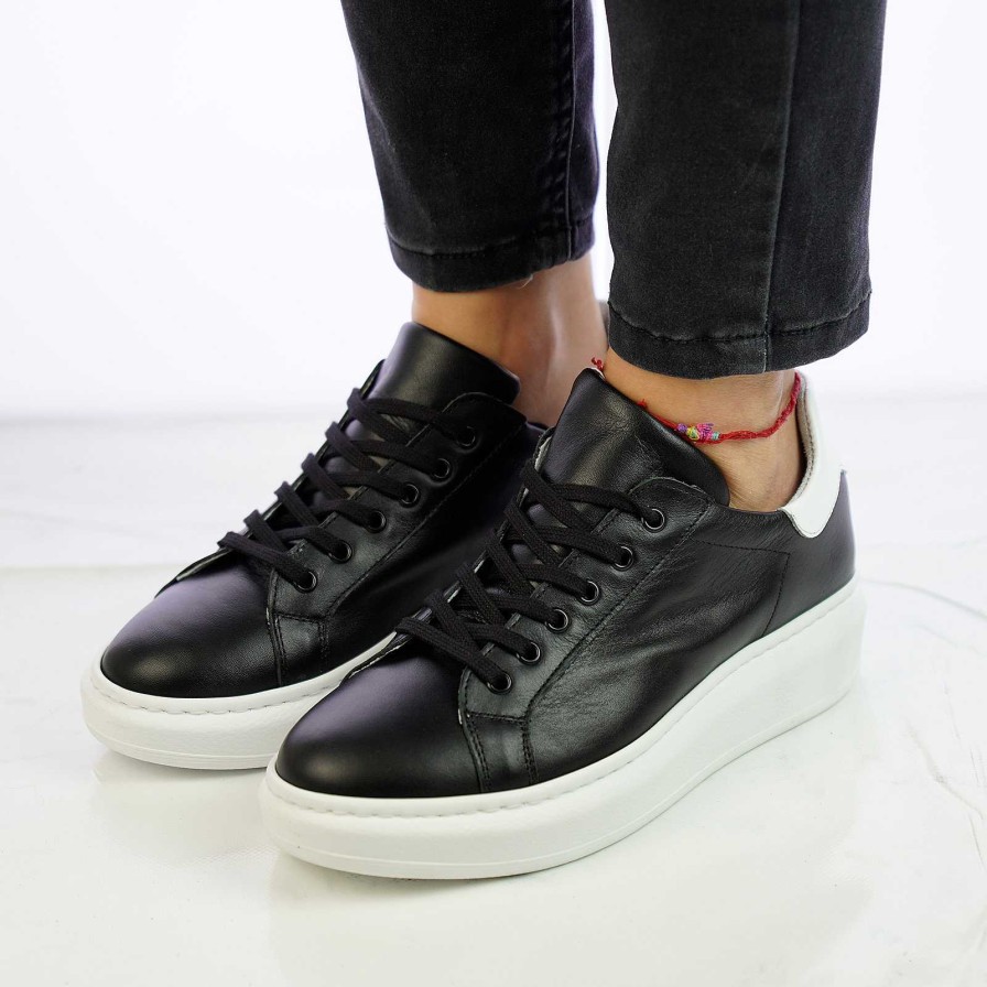 Autumn Winter Patty Shoes | Women'S Genuine Leather Sneakers In Black With White Heel