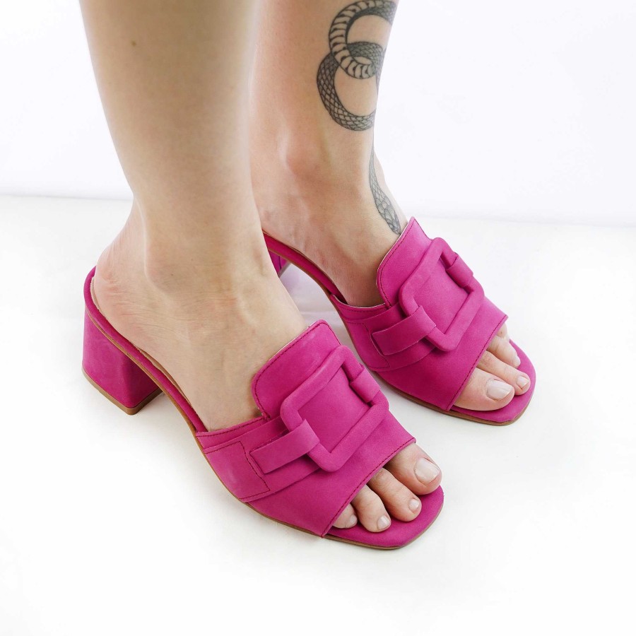 Spring Summer Patty Shoes | Real Leather Slippers With Fuchsia Colored Accessory