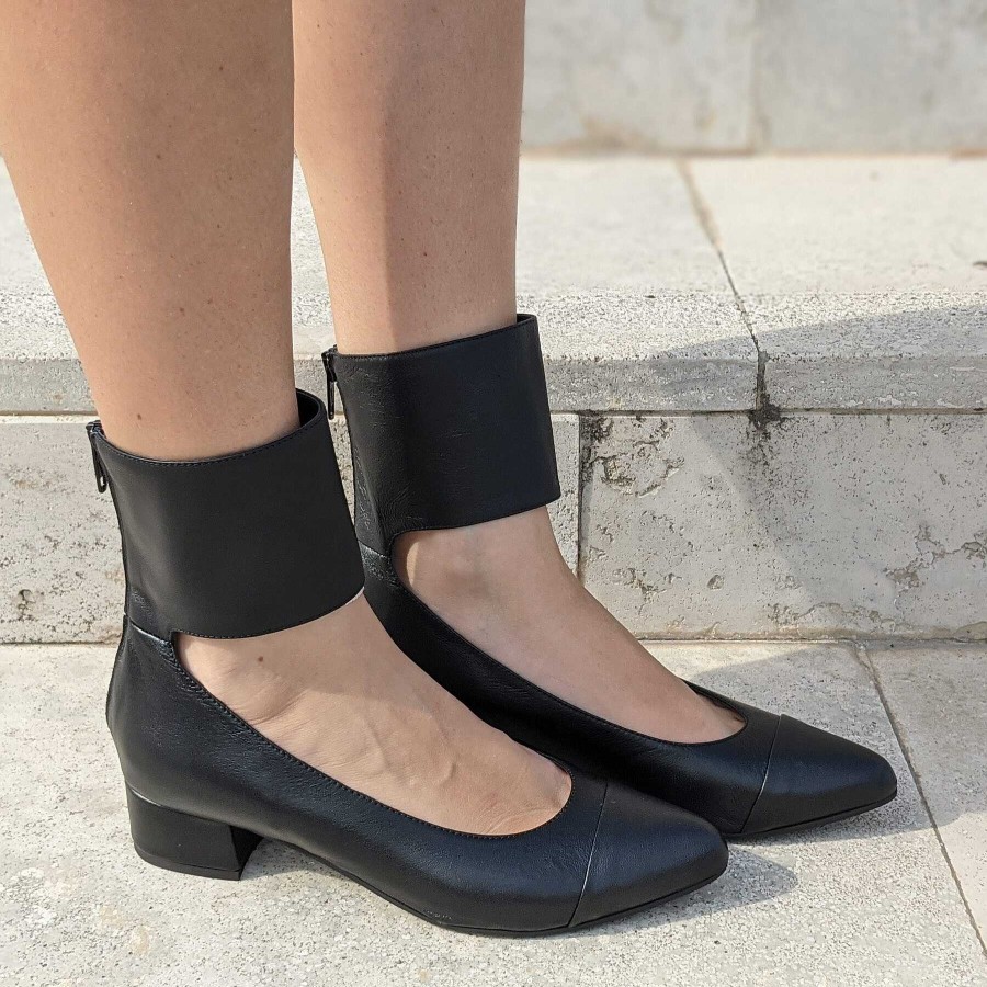 Spring Summer Patty Shoes | Women'S Decollete In Black Genuine Leather With Back Zip And Ankle Band