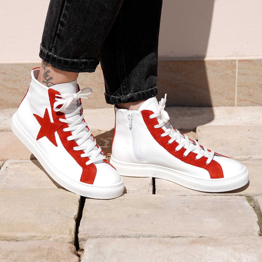 Spring Summer Patty Shoes | Women'S Sneakers In Genuine Leather With White Side Zip And Red Star