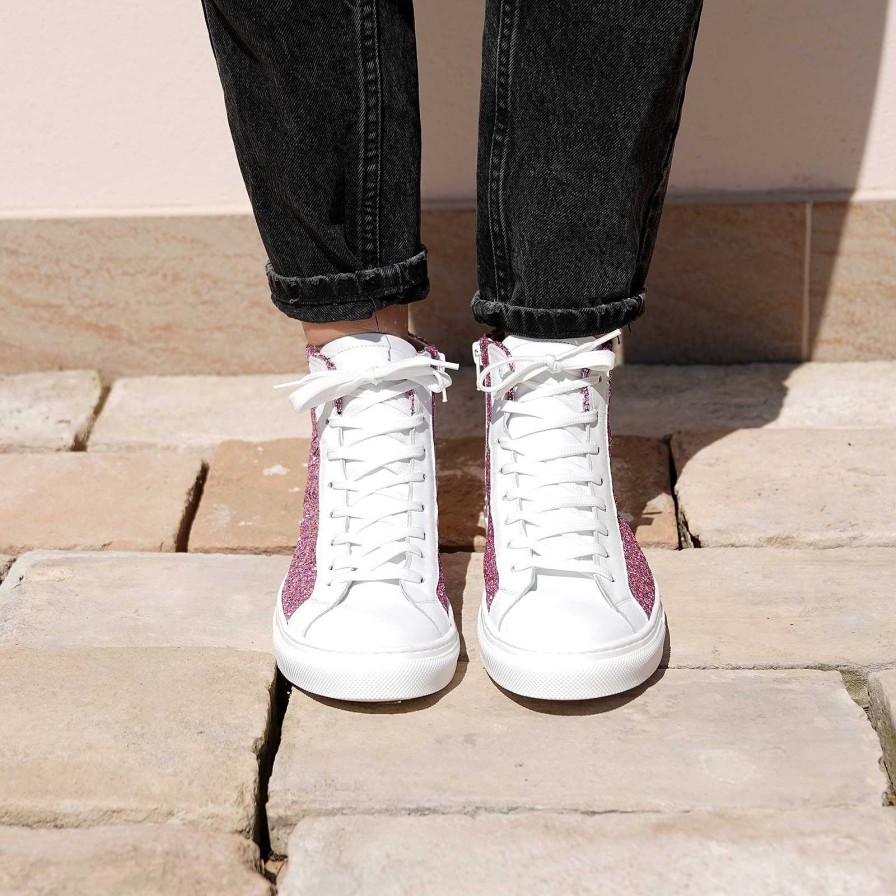 Spring Summer Patty Shoes | Women'S Sneakers In Genuine Leather With Pink Glitter Side Zip