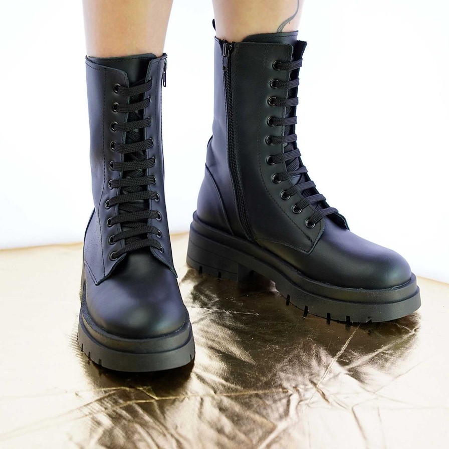 Spring Summer Patty Shoes | Women'S Combat Boots In Black Leather With Side Zip And 10 Eyelets