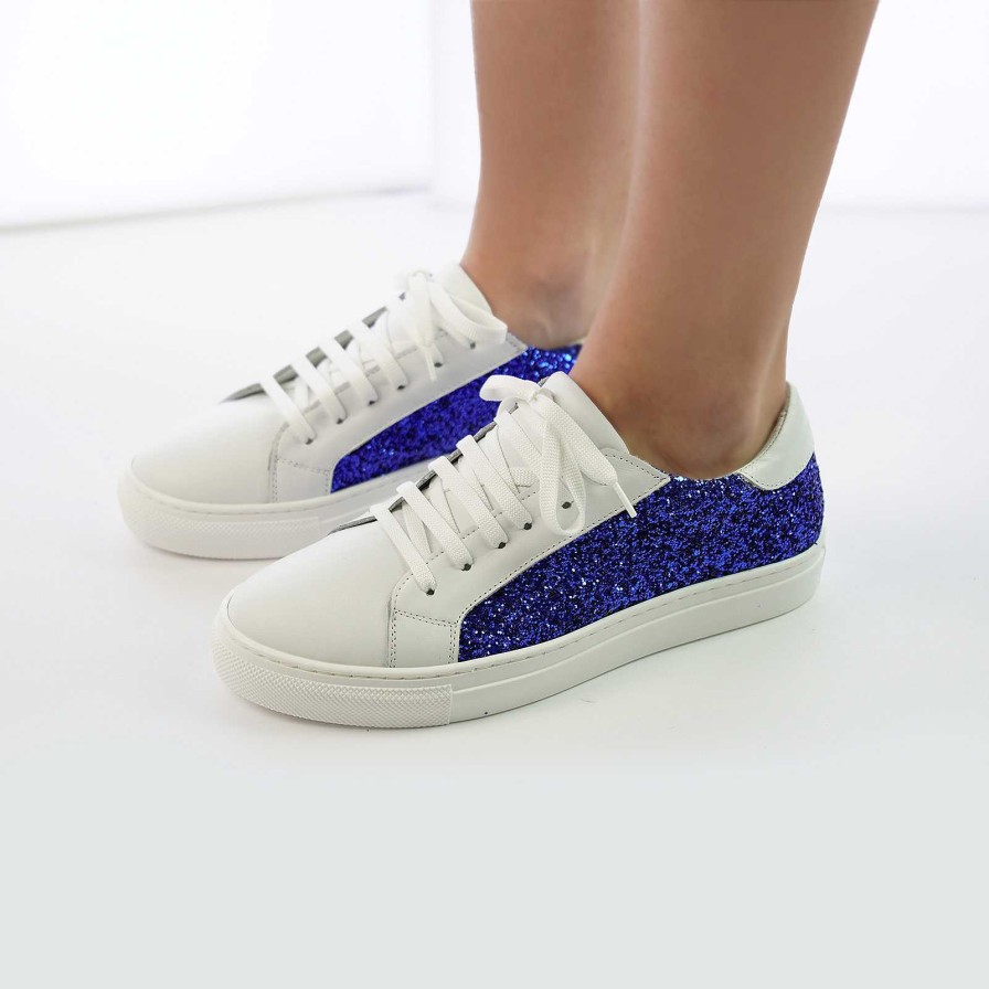 Spring Summer Patty Shoes | Women'S Sneakers In White Genuine Leather With Electric Blue Glitter Insert