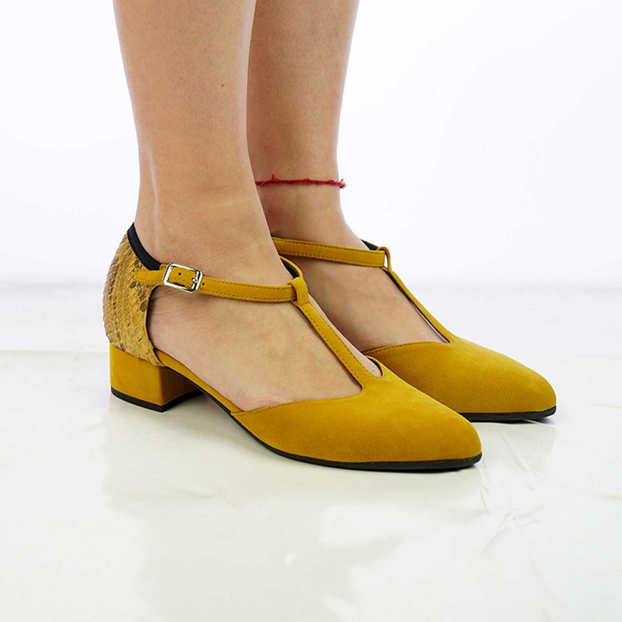 Spring Summer Patty Shoes | Charleston Sandals With Ocher Suede Strap And Python Insert