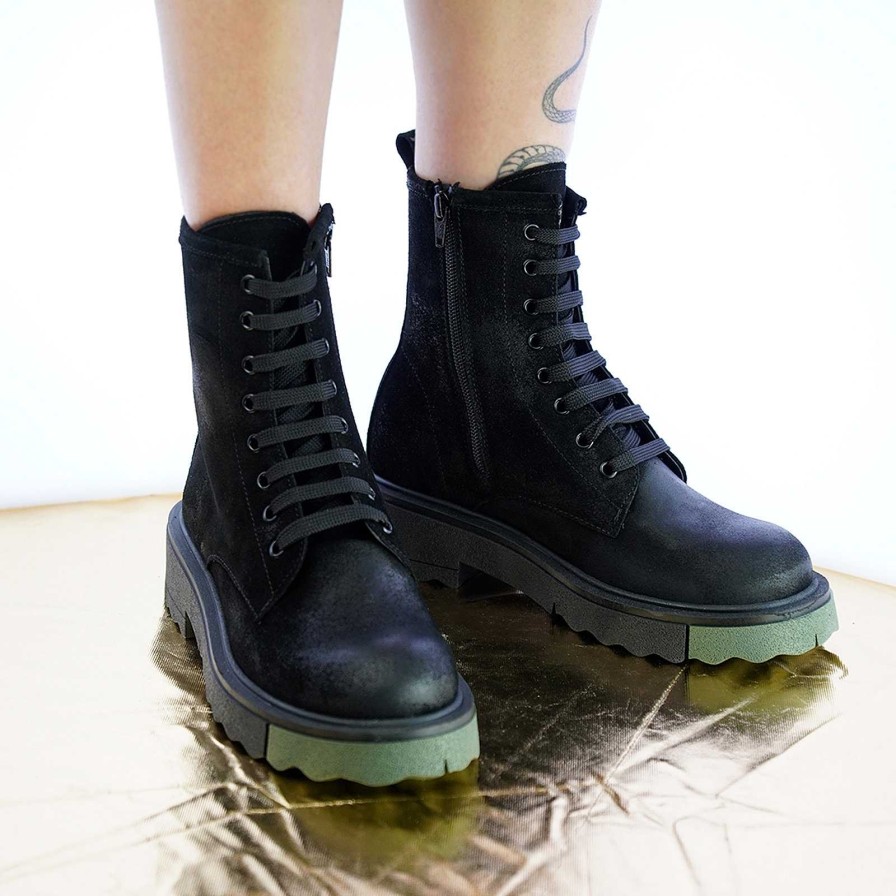 Autumn Winter Patty Shoes | Women'S Black Suede Combat Boots With Side Zip And Green Insert Sole