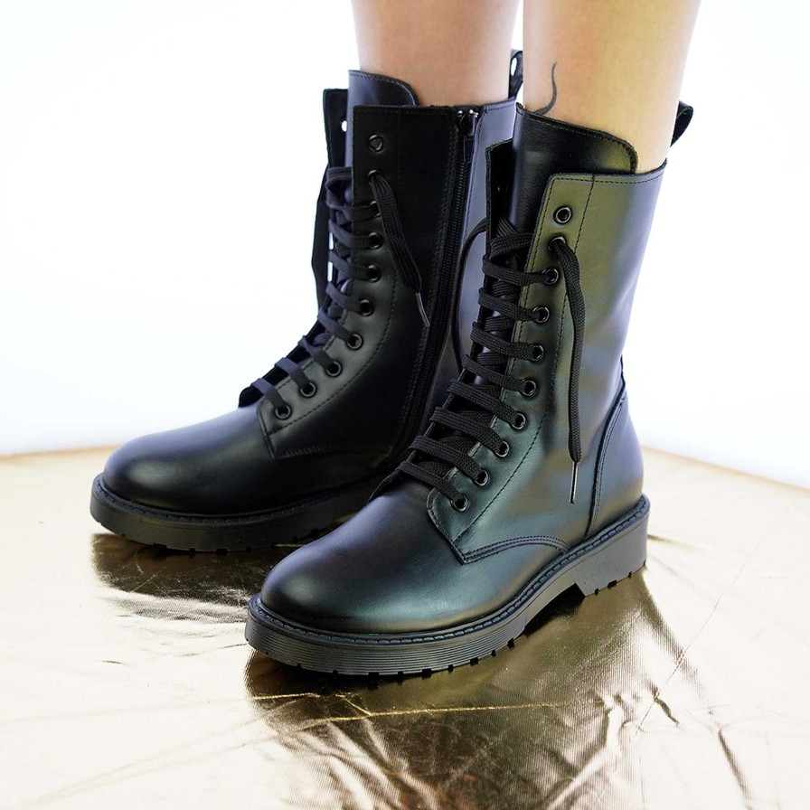 Autumn Winter Patty Shoes | Women'S Black Leather Combat Boots With 10 Eyelet Side Zip