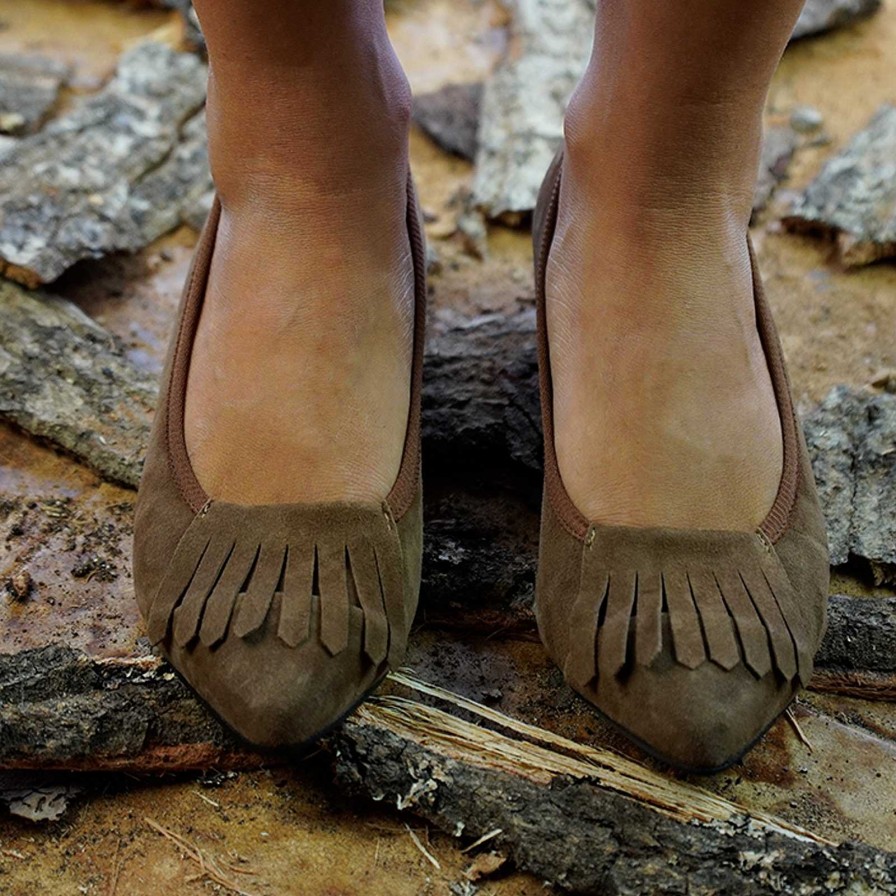 Spring Summer Patty Shoes | Pointed Ballet Flats In Tan Suede With Fringes