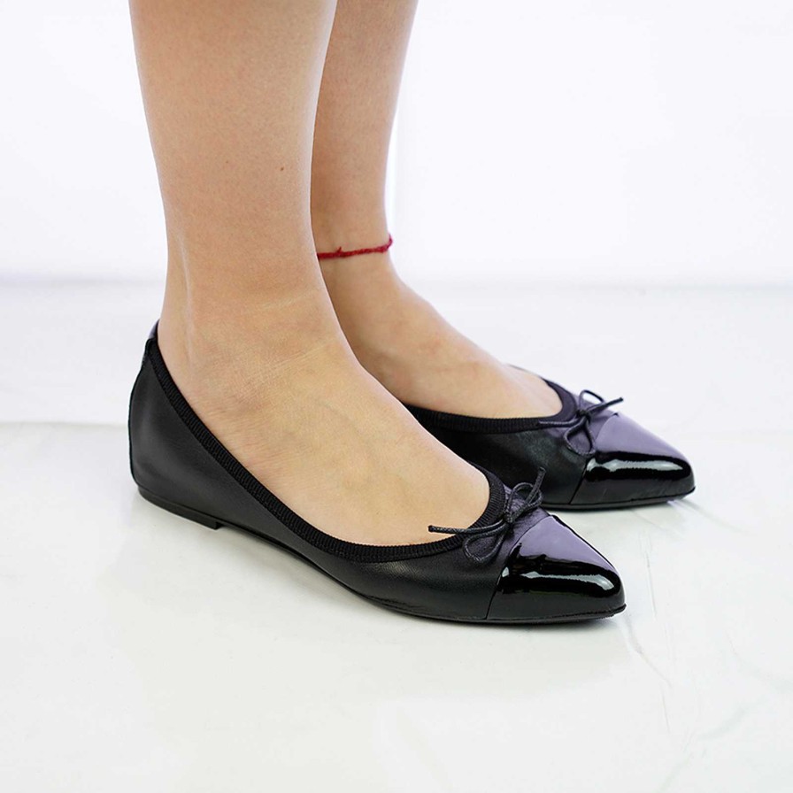 Spring Summer Patty Shoes | Black Genuine Leather Ballet Flats With Black Toe