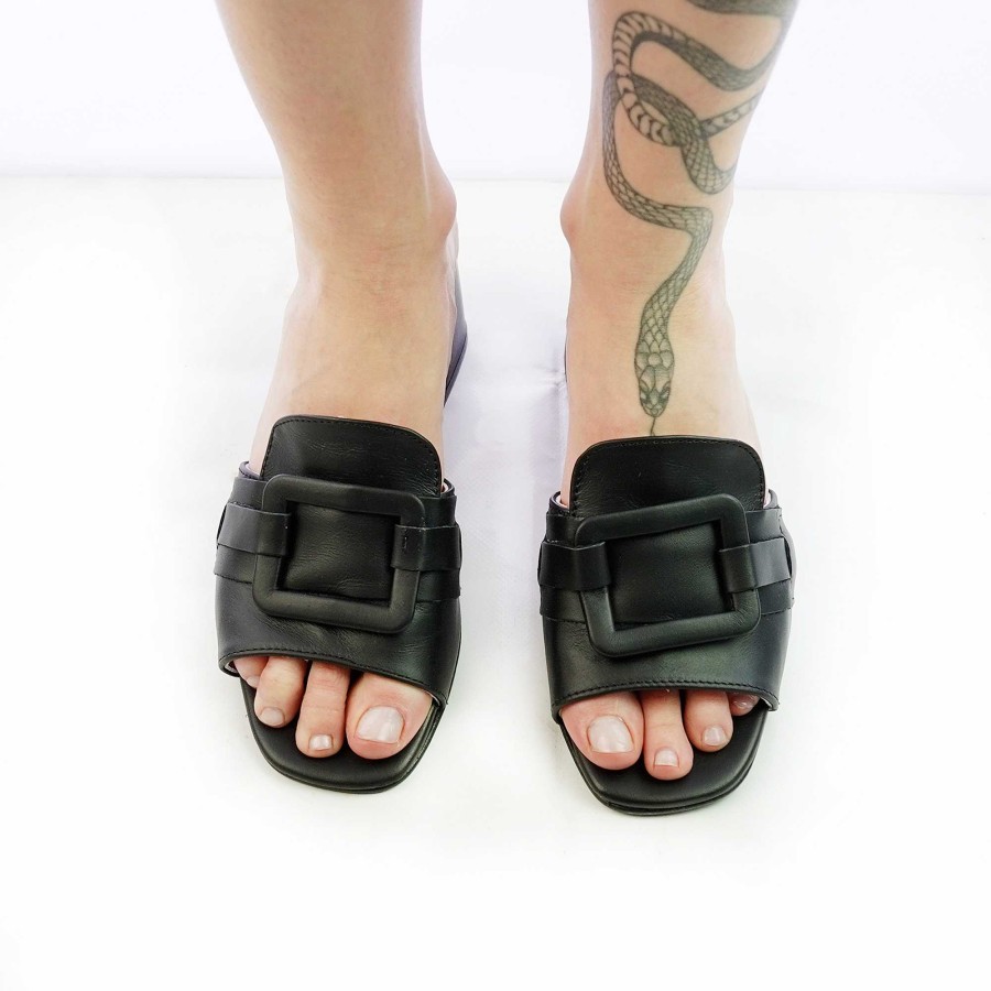 Spring Summer Patty Shoes | Real Leather Slippers With Black Accessory