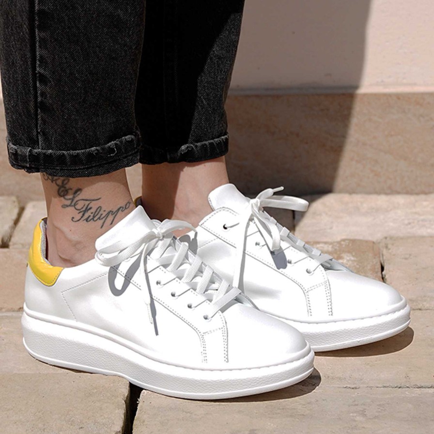 Spring Summer Patty Shoes | Women'S Sneakers In White Genuine Leather With Yellow Heel Tab