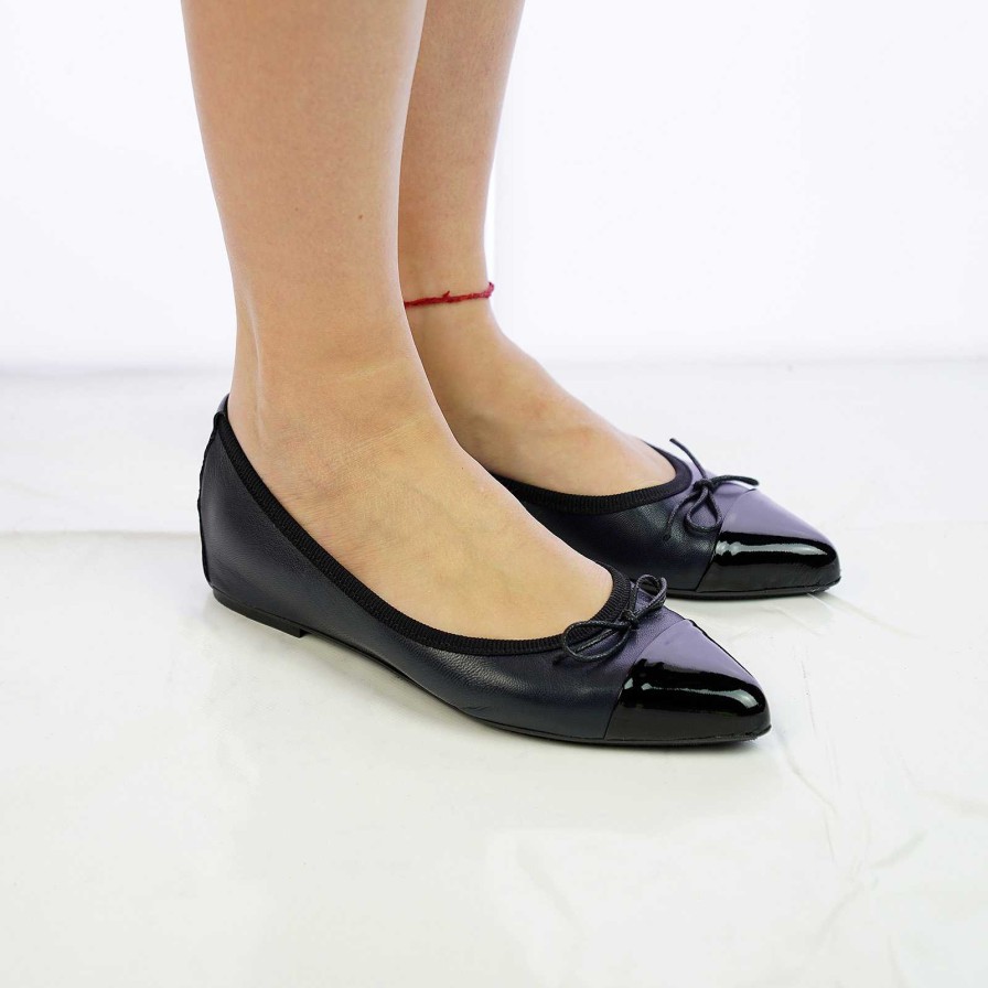 Spring Summer Patty Shoes | Blue Genuine Leather Ballet Flats With Black Toe