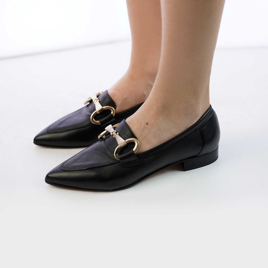 Spring Summer Patty Shoes | Black Nappa Leather Pointed Loafers With Horsebit