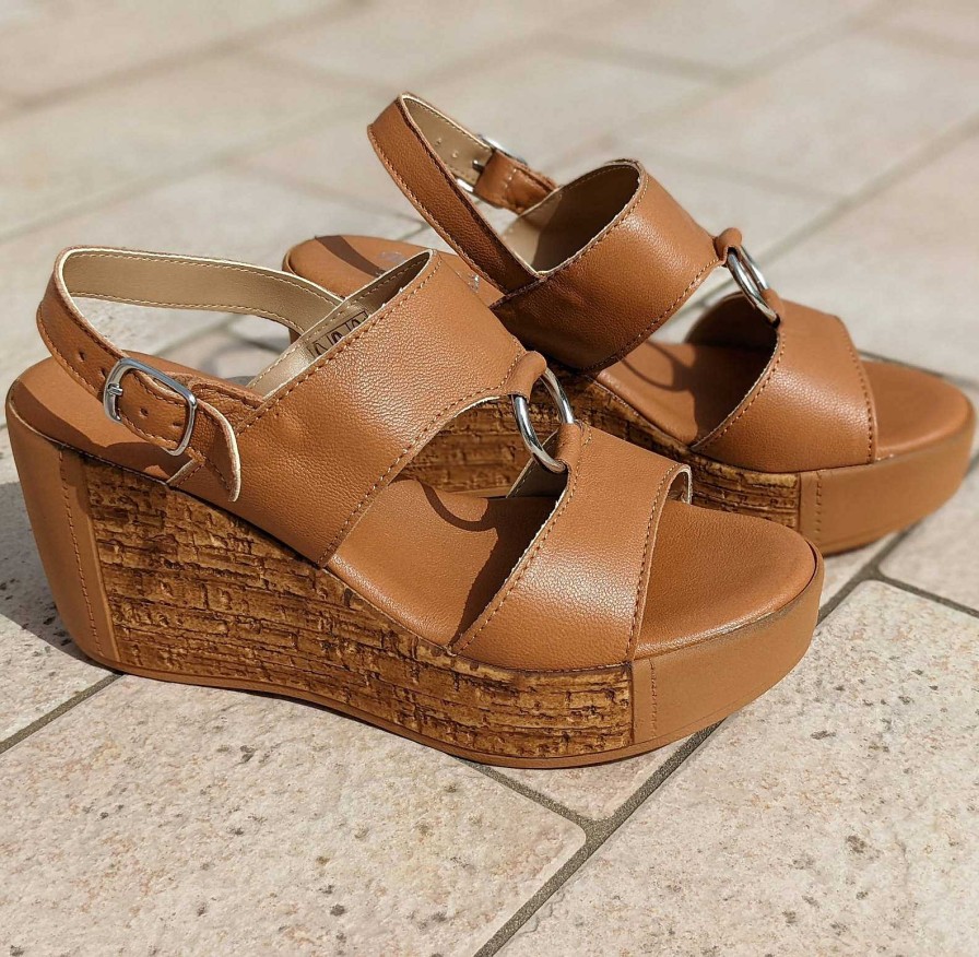 Spring Summer Patty Shoes | Genuine Leather Wedge Sandals With Two Bands And Tan Ankle Strap