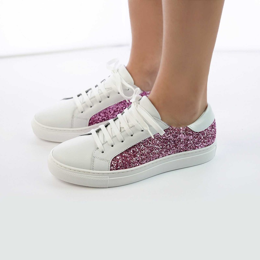 Spring Summer Patty Shoes | Women'S Sneakers In White Genuine Leather With Pink Glitter Insert